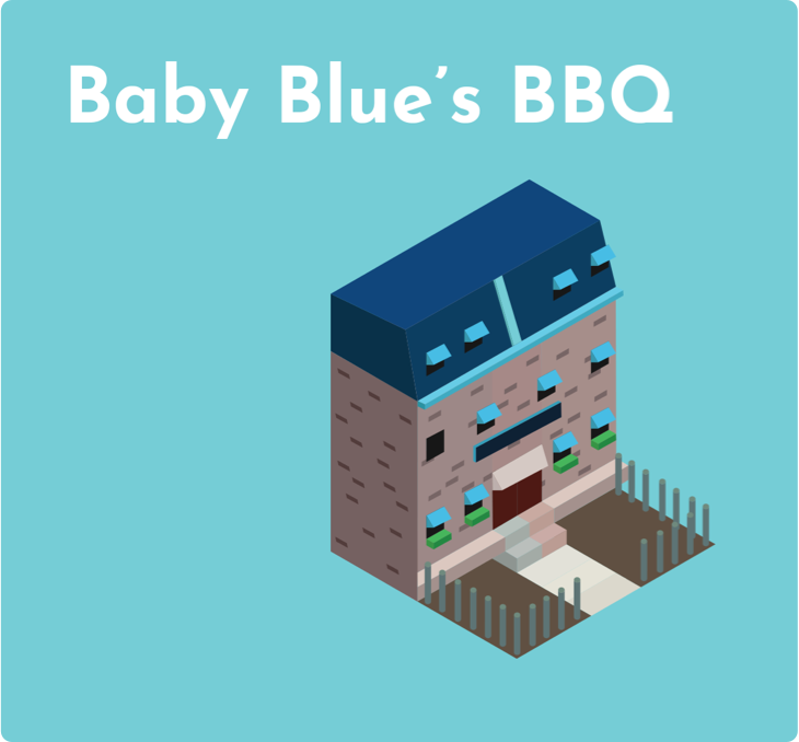Drexel Student Location - Electric Blue Background Isometric Digital Rendering of Baby Blues BBQ Restaraunt - Grid Item 8