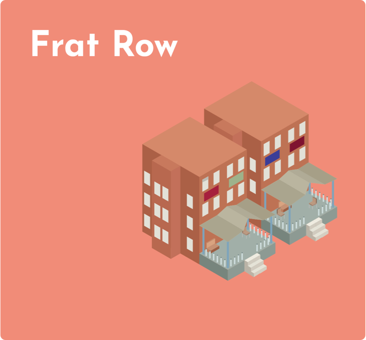 Drexel Student Location - Salmon Pink Background Isometric Digital Rendering of Fraternity Row - Grid Item 19