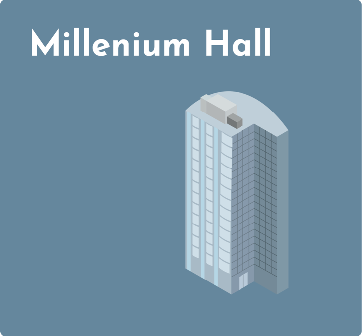 Drexel Student Location - Shaded Blue Background Isometric Digital Rendering of Millenium Hall - Grid Item 5