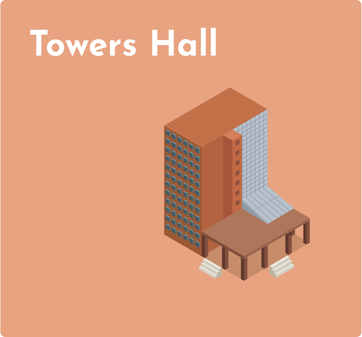Drexel Student Location - Salmon Background Isometric Digital Rendering of Towers Hall - Grid Item 2